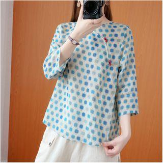 Printed 3/4-sleeve Blouse Plaid - Blue - One Size