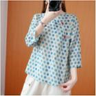 Printed 3/4-sleeve Blouse Plaid - Blue - One Size