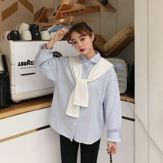 Striped Shirt With Plain Shawl Blue - One Size