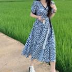 Short-sleeve Floral Print Midi A-line Dress Floral Print - Blue - One Size