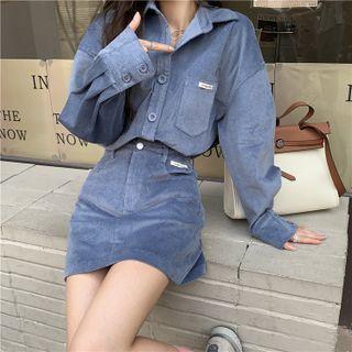Pocket-detail Corduroy Long-sleeve Top / High-waist A-line Mini Skirt