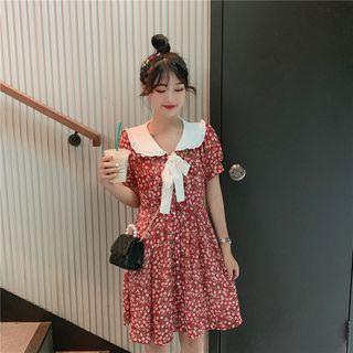 Short-sleeve Peter-pan-collar Floral A-line Dress As Shown In Figure - One Size