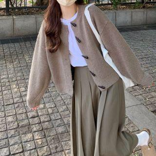 Long-sleeve Plain Knit Toggle Cardigan / High-waist Pleated Midi Skirt