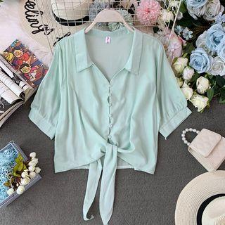 Plain Short-sleeve Tie-waist Shirt