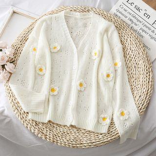 Flower-accent Knit Cardigan Milky White - One Size