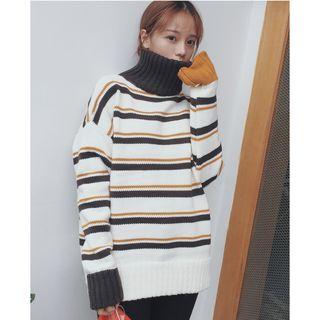Striped High Neck Chunky Sweater