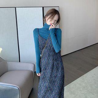 Turtleneck T-shirt / Spaghetti Strap Floral Midi Dress / Set