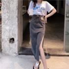 Denim Midi A-line Skirt / Short-sleeve Lettering T-shirt