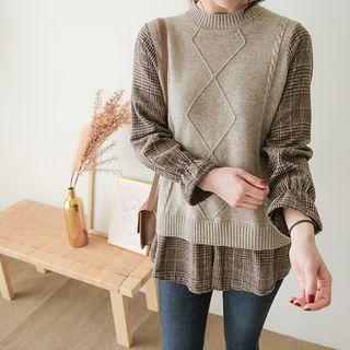 Round-neck Knit-panel Checked Shirt
