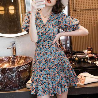 Puff-sleeve V-neck Floral Ruffle Hem Mini A-line Dress