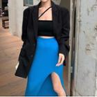 Asymmetrical Camisole Top / Blazer / Slit Knit Midi Pencil Skirt