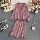 Set: Gingham Knitted Cardigan+ Gingham Skirt Pink - One Size