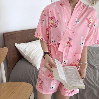 Set:picture Print Lace-up Short-sleeve Top + Shorts Pink - One Size