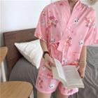 Set:picture Print Lace-up Short-sleeve Top + Shorts Pink - One Size