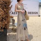 Spaghetti Strap Print Panel Maxi A-line Dress