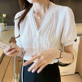 Puff-sleeve V-neck Lace Panel Dotted Blouse White - One Size