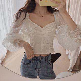 Puff-sleeve Dot Blouse As Shown In Figure - One Size