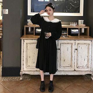 Frilled Peter Pan Collar Midi Shirtdress Black - One Size