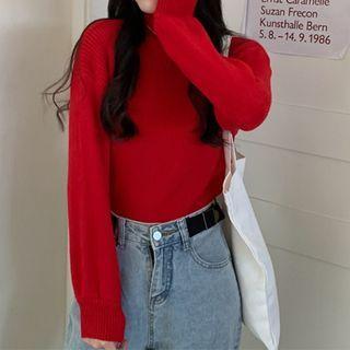 Long-sleeve Semi Turtleneck Plain Loose Fit Knit Top