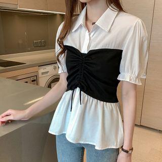 Two-tone Collared Elbow-sleeve Peplum Blouse