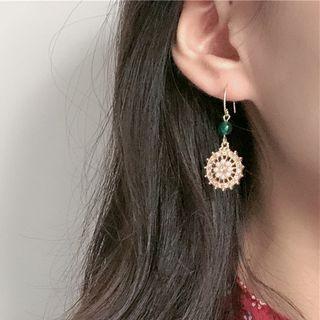 Faux Pearl Disc Earring 1 Pair - Cropper Needle - Hook Earring - Green Bead - Gold - One Size