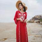 Long-sleeve Floral Embroidered A-line Maxi Dress