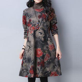 Turtleneck Printed Long-sleeve A-line Dress