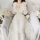 Bell-sleeve Dotted Layered Maxi A-line Dress White - One Size