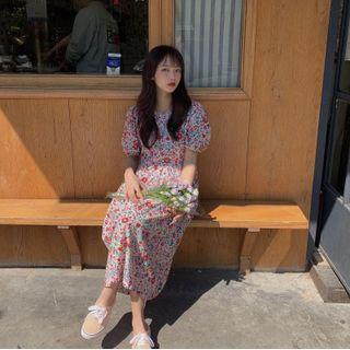 Short-sleeve Floral A-line Dress Floral - Red & Pink - One Size