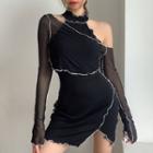 Set: Halter-neck Paneled A-line Dress + Long-sleeve T-shirt