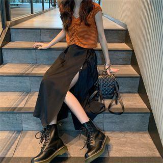 Striped Cap-sleeve T-shirt / Side-slit Midi A-line Skirt