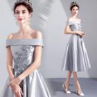 Off Shoulder Satin A-line Midi Evening Dress