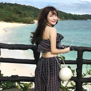 Set: Printed Wide-leg Pants + Ruffled Tankini