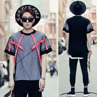 Lettering Trim Short-sleeve Mesh Panel T-shirt