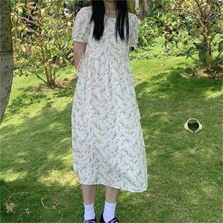 Puff-sleeve Floral Midi A-line Dress Floral - Red - One Size