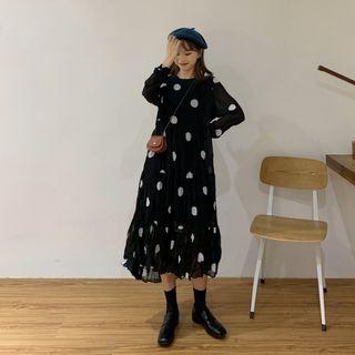 Long-sleeve Dotted Shirred A-line Dress Dotted - Black - One Size