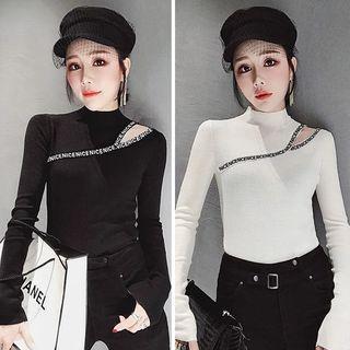 Mock-neck Cutout Letter Knit Top