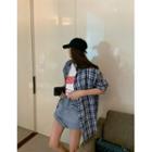 Elbow-sleeve Lettering T-shirt / Plaid Shirt / High-waist Denim Shorts