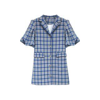 Puff-sleeve Plaid Mini A-line Blazer Dress