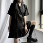 Short Sleeve Double Breast Blazer / Pleated A-line Skirt