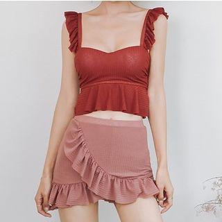Set: Ruffle Strap Tankini Top + Ribbed Swim Skirt