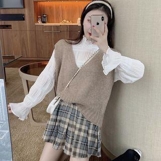 Mock-turtleneck Chiffon Blouse / V-neck Knit Vest / Plaid Mini A-line Skirt