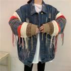 Distressed Frayed Knit Panel Denim Jacket