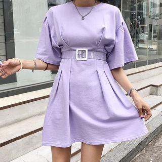 Puff-shoulder Pleated Mini T-shirt Dress