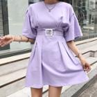 Puff-shoulder Pleated Mini T-shirt Dress