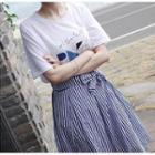 Set: Print T-shirt + Striped Midi A-line Skirt