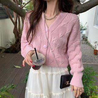 V-neck Cardigan / Ruffled Midi A-line Skirt