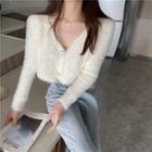 Furry Cropped Knit Cardigan Off-white - One Size