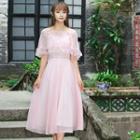 Set: Embroidered Midi Spaghetti Strap Dress + Lace Trim Short-sleeve Top