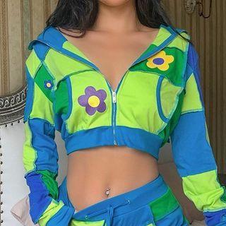 Flower Print Cropped Zip Hoodie